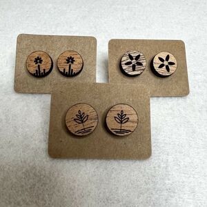 3 Pack Wooden Engraved Stud Earrings
